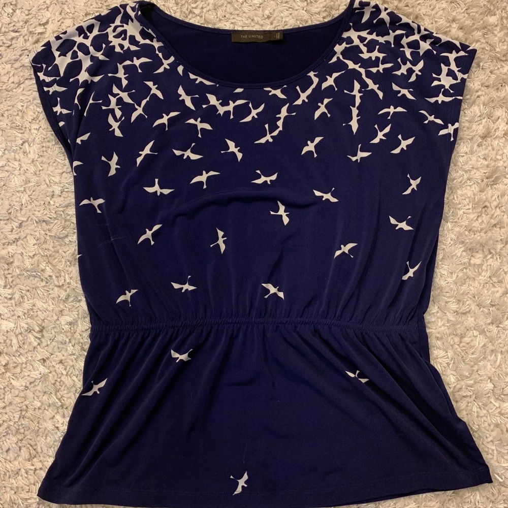 Royal blue bird print blouse with peplum